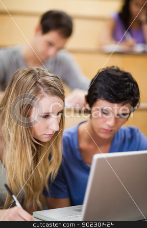 To use this stock image in your creative project, please select the size you need over to the right and click the "Add to Cart" button.
Your downloaded image will come with the Cutcaster watermark removed so don’t worry about the watermark you see on this page. Portrait of students working with a laptop stock photo, Portrait of students working with a laptop in an amphitheater by Wavebreak Media