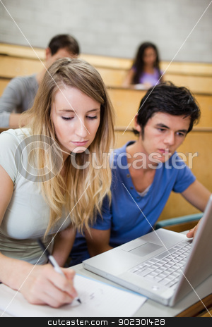 To use this stock image in your creative project, please select the size you need over to the right and click the "Add to Cart" button.
Your downloaded image will come with the Cutcaster watermark removed so don’t worry about the watermark you see on this page. Portrait of students working with a notebook stock photo, Portrait of students working with a notebook in an amphitheater by Wavebreak Media
