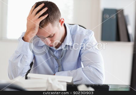 To use this stock image in your creative project, please select the size you need over to the right and click the "Add to Cart" button.
Your downloaded image will come with the Cutcaster watermark removed so don’t worry about the watermark you see on this page. Businessman stressed while doing his accounting stock photo, Young businessman stressed while doing his accounting by Wavebreak Media