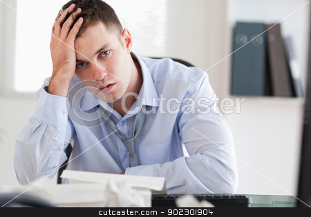To use this stock image in your creative project, please select the size you need over to the right and click the "Add to Cart" button.
Your downloaded image will come with the Cutcaster watermark removed so don’t worry about the watermark you see on this page. Businessman overextended with his accounting stock photo, Young businessman overextended with his accounting by Wavebreak Media