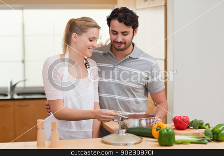 To use this stock image in your creative project, please select the size you need over to the right and click the "Add to Cart" button.
Your downloaded image will come with the Cutcaster watermark removed so don’t worry about the watermark you see on this page. Lovely couple preparing a sauce stock photo, Lovely couple preparing a sauce in their kitchen by Wavebreak Media
