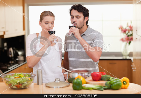 To use this stock image in your creative project, please select the size you need over to the right and click the "Add to Cart" button.
Your downloaded image will come with the Cutcaster watermark removed so don’t worry about the watermark you see on this page. Young couple drinking a glass of wine stock photo, Young couple drinking a glass of wine in their kitchen by Wavebreak Media