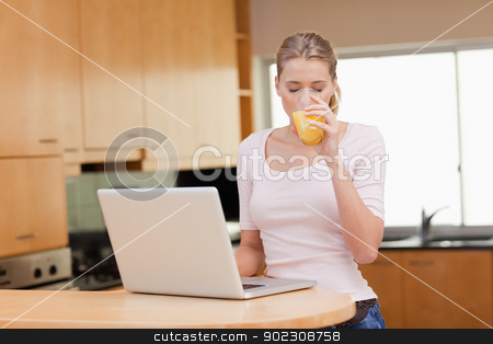 To use this stock image in your creative project, please select the size you need over to the right and click the "Add to Cart" button.
Your downloaded image will come with the Cutcaster watermark removed so don’t worry about the watermark you see on this page. Woman using a notebook while drinking orange juice stock photo, Woman using a notebook while drinking orange juice in her kitchen by Wavebreak Media