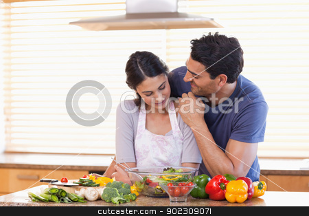 To use this stock image in your creative project, please select the size you need over to the right and click the "Add to Cart" button.
Your downloaded image will come with the Cutcaster watermark removed so don’t worry about the watermark you see on this page. In love couple posing stock photo, In love couple posing in their kitchen by Wavebreak Media