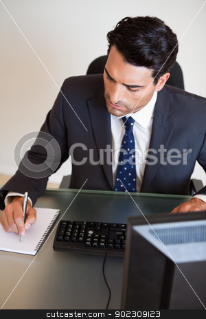To use this stock image in your creative project, please select the size you need over to the right and click the "Add to Cart" button.
Your downloaded image will come with the Cutcaster watermark removed so don’t worry about the watermark you see on this page. Portrait of a businessman taking notes stock photo, Portrait of a businessman taking notes in his office by Wavebreak Media