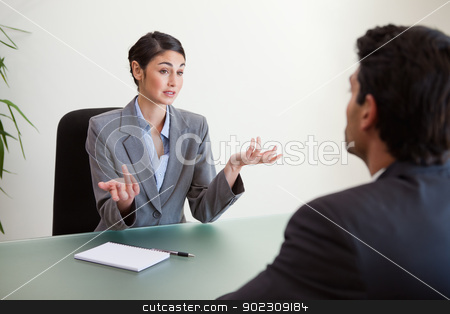 To use this stock image in your creative project, please select the size you need over to the right and click the "Add to Cart" button.
Your downloaded image will come with the Cutcaster watermark removed so don’t worry about the watermark you see on this page. Manager interviewing an employee stock photo, Manager interviewing an employee in her office by Wavebreak Media