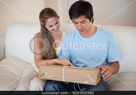 To use this stock image in your creative project, please select the size you need over to the right and click the "Add to Cart" button.
Your downloaded image will come with the Cutcaster watermark removed so don’t worry about the watermark you see on this page. Couple looking at a package stock photo, Couple looking at a package in their living room by Wavebreak Media