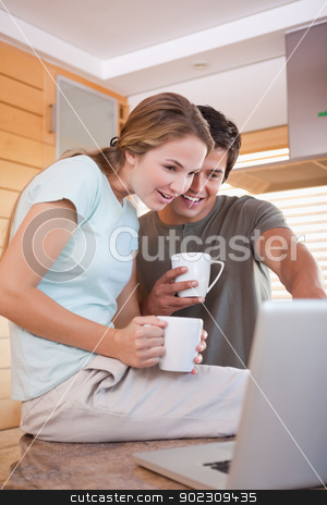 To use this stock image in your creative project, please select the size you need over to the right and click the "Add to Cart" button.
Your downloaded image will come with the Cutcaster watermark removed so don’t worry about the watermark you see on this page. Portrait of a young couple having tea while using a laptop stock photo, Portrait of a young couple having tea while using a laptop in their kitchen by Wavebreak Media