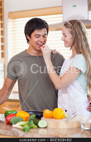 To use this stock image in your creative project, please select the size you need over to the right and click the "Add to Cart" button.
Your downloaded image will come with the Cutcaster watermark removed so don’t worry about the watermark you see on this page. Portrait of a woman making her fiance tasting her meal stock photo, Portrait of a woman making her fiance tasting her meal while wearing an apron by Wavebreak Media