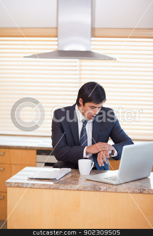 To use this stock image in your creative project, please select the size you need over to the right and click the "Add to Cart" button.
Your downloaded image will come with the Cutcaster watermark removed so don’t worry about the watermark you see on this page. Portrait of a businessman running late stock photo, Portrait of a businessman running late in his kitchen by Wavebreak Media