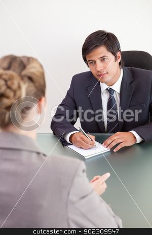 To use this stock image in your creative project, please select the size you need over to the right and click the "Add to Cart" button.
Your downloaded image will come with the Cutcaster watermark removed so don’t worry about the watermark you see on this page. Portrait of a young manager interviewing a female applicant stock photo, Portrait of a young manager interviewing a female applicant in his office by Wavebreak Media