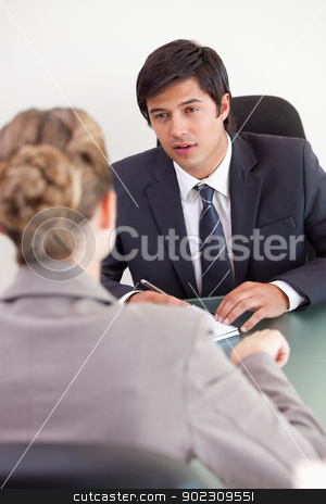 To use this stock image in your creative project, please select the size you need over to the right and click the "Add to Cart" button.
Your downloaded image will come with the Cutcaster watermark removed so don’t worry about the watermark you see on this page. Portrait of a serious manager interviewing a female applicant stock photo, Portrait of a serious manager interviewing a female applicant in his office by Wavebreak Media