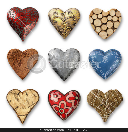 To use this stock image in your creative project, please select the size you need over to the right and click the "Add to Cart" button.
Your downloaded image will come with the Cutcaster watermark removed so don’t worry about the watermark you see on this page. Assortment of hearts stock photo, Photos of nine heart-shaped things made of stone, metal and wood on white background. Shadows visible. by © Ron Sumners