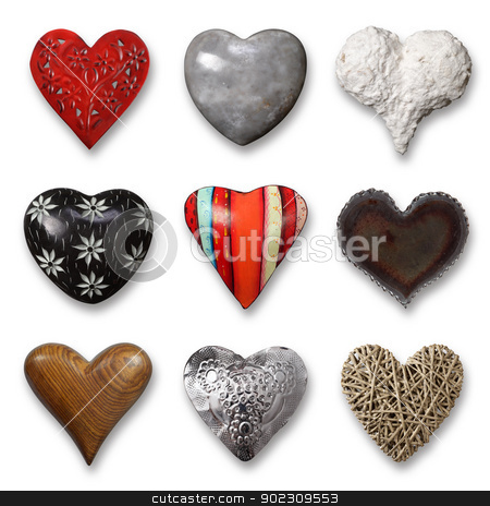 To use this stock image in your creative project, please select the size you need over to the right and click the "Add to Cart" button.
Your downloaded image will come with the Cutcaster watermark removed so don’t worry about the watermark you see on this page. Collection of hearts stock photo, Photos of nine heart-shaped things made of stone, metal and wood on white background. Shadows visible. by © Ron Sumners