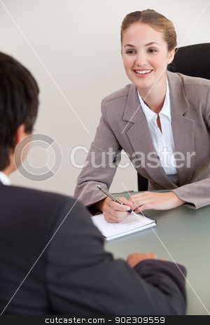 To use this stock image in your creative project, please select the size you need over to the right and click the "Add to Cart" button.
Your downloaded image will come with the Cutcaster watermark removed so don’t worry about the watermark you see on this page. Portrait of a smiling manager interviewing a male applicant stock photo, Portrait of a smiling manager interviewing a male applicant in her office by Wavebreak Media