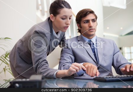 To use this stock image in your creative project, please select the size you need over to the right and click the "Add to Cart" button.
Your downloaded image will come with the Cutcaster watermark removed so don’t worry about the watermark you see on this page. Business team working on pc together stock photo, Young business team working on pc together by Wavebreak Media