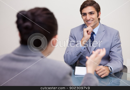 To use this stock image in your creative project, please select the size you need over to the right and click the "Add to Cart" button.
Your downloaded image will come with the Cutcaster watermark removed so don’t worry about the watermark you see on this page. Smiling businessman in a negotiation stock photo, Smiling young businessman in a negotiation by Wavebreak Media