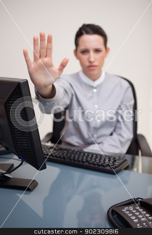 To use this stock image in your creative project, please select the size you need over to the right and click the "Add to Cart" button.
Your downloaded image will come with the Cutcaster watermark removed so don’t worry about the watermark you see on this page. Businesswoman signals stop stock photo, Young businesswoman signals stop by Wavebreak Media