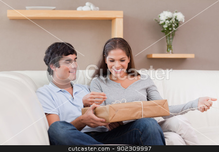 To use this stock image in your creative project, please select the size you need over to the right and click the "Add to Cart" button.
Your downloaded image will come with the Cutcaster watermark removed so don’t worry about the watermark you see on this page. Couple opening parcel on the sofa stock photo, Young couple opening parcel on the sofa by Wavebreak Media