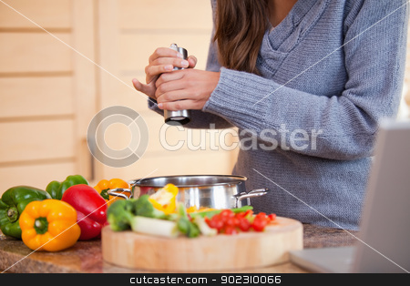 To use this stock image in your creative project, please select the size you need over to the right and click the "Add to Cart" button.
Your downloaded image will come with the Cutcaster watermark removed so don’t worry about the watermark you see on this page. Woman adding pepper to her vegetable stew stock photo, Young woman adding pepper to her vegetable stew by Wavebreak Media
