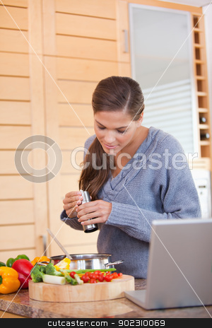 To use this stock image in your creative project, please select the size you need over to the right and click the "Add to Cart" button.
Your downloaded image will come with the Cutcaster watermark removed so don’t worry about the watermark you see on this page. Woman spicing her meal stock photo, Young woman spicing her meal by Wavebreak Media