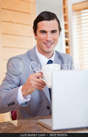 To use this stock image in your creative project, please select the size you need over to the right and click the "Add to Cart" button.
Your downloaded image will come with the Cutcaster watermark removed so don’t worry about the watermark you see on this page. Smiling businessman with laptop and coffee stock photo, Smiling young businessman with laptop and coffee by Wavebreak Media