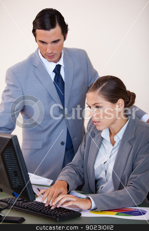 To use this stock image in your creative project, please select the size you need over to the right and click the "Add to Cart" button.
Your downloaded image will come with the Cutcaster watermark removed so don’t worry about the watermark you see on this page. Businesswoman showing screen to her colleague stock photo, Young businesswoman showing screen to her colleague by Wavebreak Media