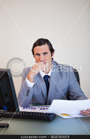 To use this stock image in your creative project, please select the size you need over to the right and click the "Add to Cart" button.
Your downloaded image will come with the Cutcaster watermark removed so don’t worry about the watermark you see on this page. Salesman thinking about statistics stock photo, Young salesman thinking about statistics by Wavebreak Media
