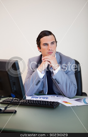 To use this stock image in your creative project, please select the size you need over to the right and click the "Add to Cart" button.
Your downloaded image will come with the Cutcaster watermark removed so don’t worry about the watermark you see on this page. Businessman in thoughts stock photo, Businessman with hands folded in thoughts by Wavebreak Media