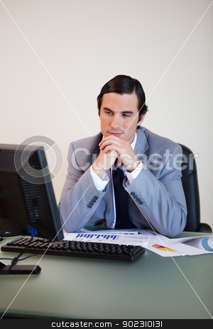 To use this stock image in your creative project, please select the size you need over to the right and click the "Add to Cart" button.
Your downloaded image will come with the Cutcaster watermark removed so don’t worry about the watermark you see on this page. Businessman waiting for his pc stock photo, Businessman waiting for his pc to boot up by Wavebreak Media