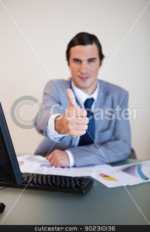 To use this stock image in your creative project, please select the size you need over to the right and click the "Add to Cart" button.
Your downloaded image will come with the Cutcaster watermark removed so don’t worry about the watermark you see on this page. Thumb up given by businessman stock photo, Thumb up given by sitting businessman by Wavebreak Media