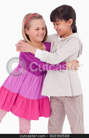 To use this stock image in your creative project, please select the size you need over to the right and click the "Add to Cart" button.
Your downloaded image will come with the Cutcaster watermark removed so don’t worry about the watermark you see on this page. Portrait of girls hugging stock photo, Portrait of girls hugging against a white background by Wavebreak Media
