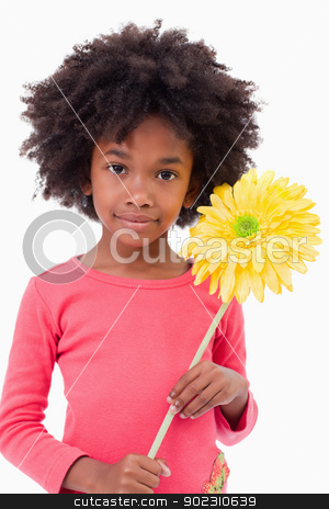 To use this stock image in your creative project, please select the size you need over to the right and click the "Add to Cart" button.
Your downloaded image will come with the Cutcaster watermark removed so don’t worry about the watermark you see on this page. Portrait of a girl holding a flower stock photo, Portrait of a girl holding a flower against a white background by Wavebreak Media