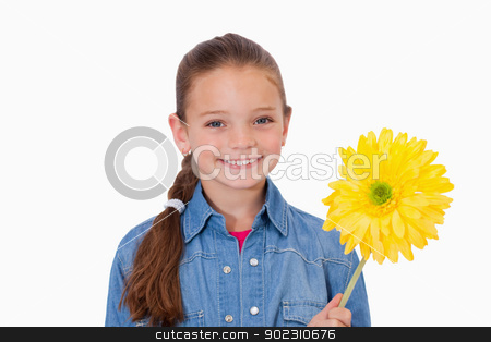 To use this stock image in your creative project, please select the size you need over to the right and click the "Add to Cart" button.
Your downloaded image will come with the Cutcaster watermark removed so don’t worry about the watermark you see on this page. Girl holding a yellow flower stock photo, Girl holding a yellow flower against a white flower by Wavebreak Media