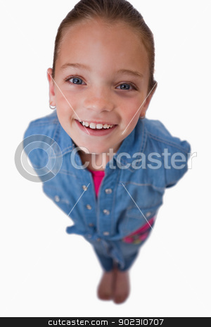 To use this stock image in your creative project, please select the size you need over to the right and click the "Add to Cart" button.
Your downloaded image will come with the Cutcaster watermark removed so don’t worry about the watermark you see on this page. Portrait of a girl smiling at the camera stock photo, Portrait of a girl smiling at the camera against a white background by Wavebreak Media