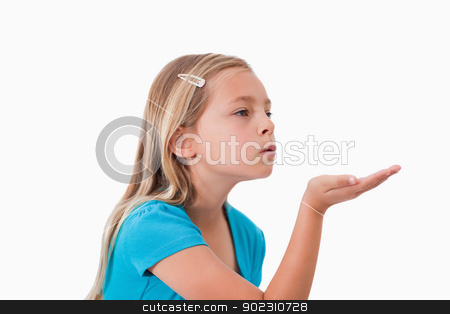 To use this stock image in your creative project, please select the size you need over to the right and click the "Add to Cart" button.
Your downloaded image will come with the Cutcaster watermark removed so don’t worry about the watermark you see on this page. Girl blowing a kiss stock photo, Girl blowing a kiss against a white background by Wavebreak Media