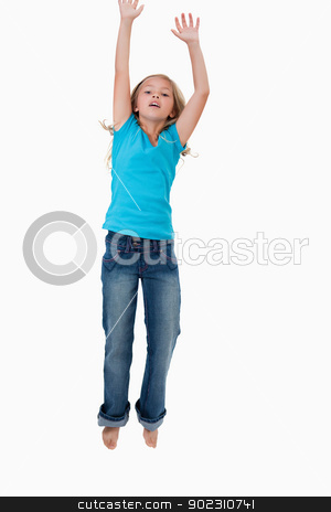 To use this stock image in your creative project, please select the size you need over to the right and click the "Add to Cart" button.
Your downloaded image will come with the Cutcaster watermark removed so don’t worry about the watermark you see on this page. Portrait of a girl jumping stock photo, Portrait of a girl jumping against a white background by Wavebreak Media