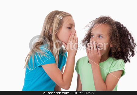 To use this stock image in your creative project, please select the size you need over to the right and click the "Add to Cart" button.
Your downloaded image will come with the Cutcaster watermark removed so don’t worry about the watermark you see on this page. Cute girl whispering a secret to her friend stock photo, Cute girl whispering a secret to her friend against a white background by Wavebreak Media