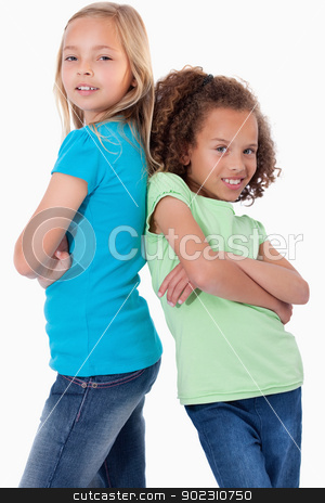 To use this stock image in your creative project, please select the size you need over to the right and click the "Add to Cart" button.
Your downloaded image will come with the Cutcaster watermark removed so don’t worry about the watermark you see on this page. Portrait of happy girls standing back to back stock photo, Portrait of happy girls standing back to back against a white background by Wavebreak Media