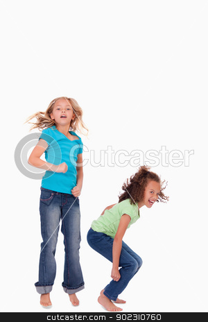 To use this stock image in your creative project, please select the size you need over to the right and click the "Add to Cart" button.
Your downloaded image will come with the Cutcaster watermark removed so don’t worry about the watermark you see on this page. Portrait of happy girls jumping stock photo, Portrait of happy girls jumping against a white background by Wavebreak Media