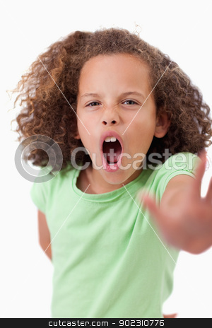 To use this stock image in your creative project, please select the size you need over to the right and click the "Add to Cart" button.
Your downloaded image will come with the Cutcaster watermark removed so don’t worry about the watermark you see on this page. Portrait of an angry girl saying stop with her hand stock photo, Portrait of an angry girl saying stop with her hand against a white background by Wavebreak Media