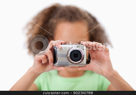 To use this stock image in your creative project, please select the size you need over to the right and click the "Add to Cart" button.
Your downloaded image will come with the Cutcaster watermark removed so don’t worry about the watermark you see on this page. Little girl taking a picture stock photo, Little girl taking a picture against a white background by Wavebreak Media