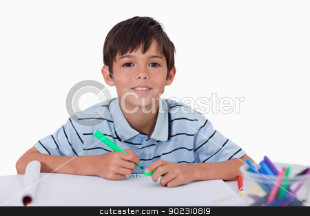 To use this stock image in your creative project, please select the size you need over to the right and click the "Add to Cart" button.
Your downloaded image will come with the Cutcaster watermark removed so don’t worry about the watermark you see on this page. Happy boy drawing stock photo, Happy boy drawing against a white background by Wavebreak Media
