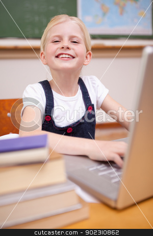 To use this stock image in your creative project, please select the size you need over to the right and click the "Add to Cart" button.
Your downloaded image will come with the Cutcaster watermark removed so don’t worry about the watermark you see on this page. Portrait of a girl using a notebook stock photo, Portrait of a girl using a notebook in a classroom by Wavebreak Media