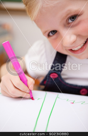 To use this stock image in your creative project, please select the size you need over to the right and click the "Add to Cart" button.
Your downloaded image will come with the Cutcaster watermark removed so don’t worry about the watermark you see on this page. Portrait of a cute girl drawing stock photo, Portrait of a cute girl drawing in a classroom by Wavebreak Media