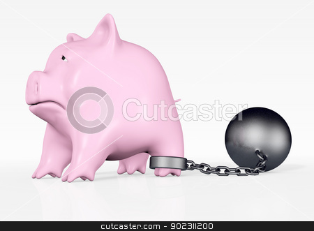 To use this stock image in your creative project, please select the size you need over to the right and click the "Add to Cart" button.
Your downloaded image will come with the Cutcaster watermark removed so don’t worry about the watermark you see on this page. pink piggy with ball and chain stock photo, a pink piggy bank with a sad expression and a ball and chain tied to his rear paw stands in front of a white background by Francesco De Paoli