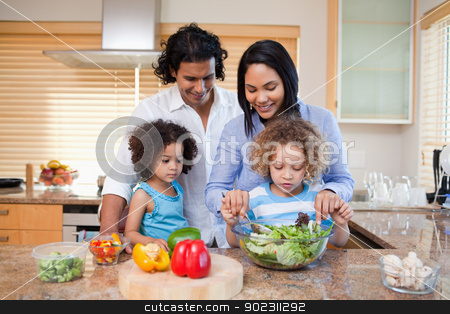 To use this stock image in your creative project, please select the size you need over to the right and click the "Add to Cart" button.
Your downloaded image will come with the Cutcaster watermark removed so don’t worry about the watermark you see on this page. Family preparing salad together in the kitchen stock photo, Young family preparing salad together in the kitchen by Wavebreak Media