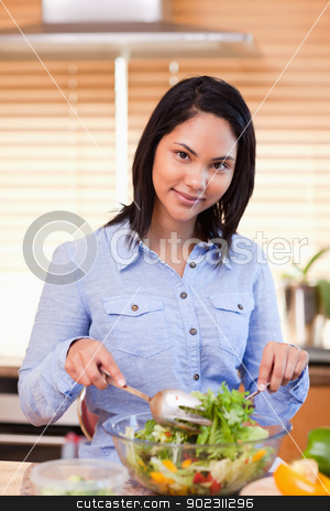 To use this stock image in your creative project, please select the size you need over to the right and click the "Add to Cart" button.
Your downloaded image will come with the Cutcaster watermark removed so don’t worry about the watermark you see on this page. Woman stirring salad in the kitchen stock photo, Young woman stirring salad in the kitchen by Wavebreak Media