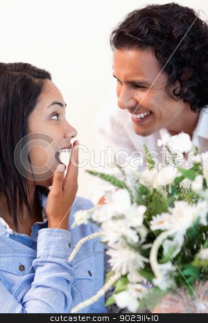 To use this stock image in your creative project, please select the size you need over to the right and click the "Add to Cart" button.
Your downloaded image will come with the Cutcaster watermark removed so don’t worry about the watermark you see on this page. Woman is surprised by the bouquet she got from her boyfriend stock photo, Young woman is surprised by the bouquet she got from her boyfriend by Wavebreak Media