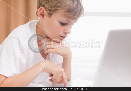 To use this stock image in your creative project, please select the size you need over to the right and click the "Add to Cart" button.
Your downloaded image will come with the Cutcaster watermark removed so don’t worry about the watermark you see on this page. Young boy using a laptop stock photo, Young boy using a laptop in a bedroom by Wavebreak Media